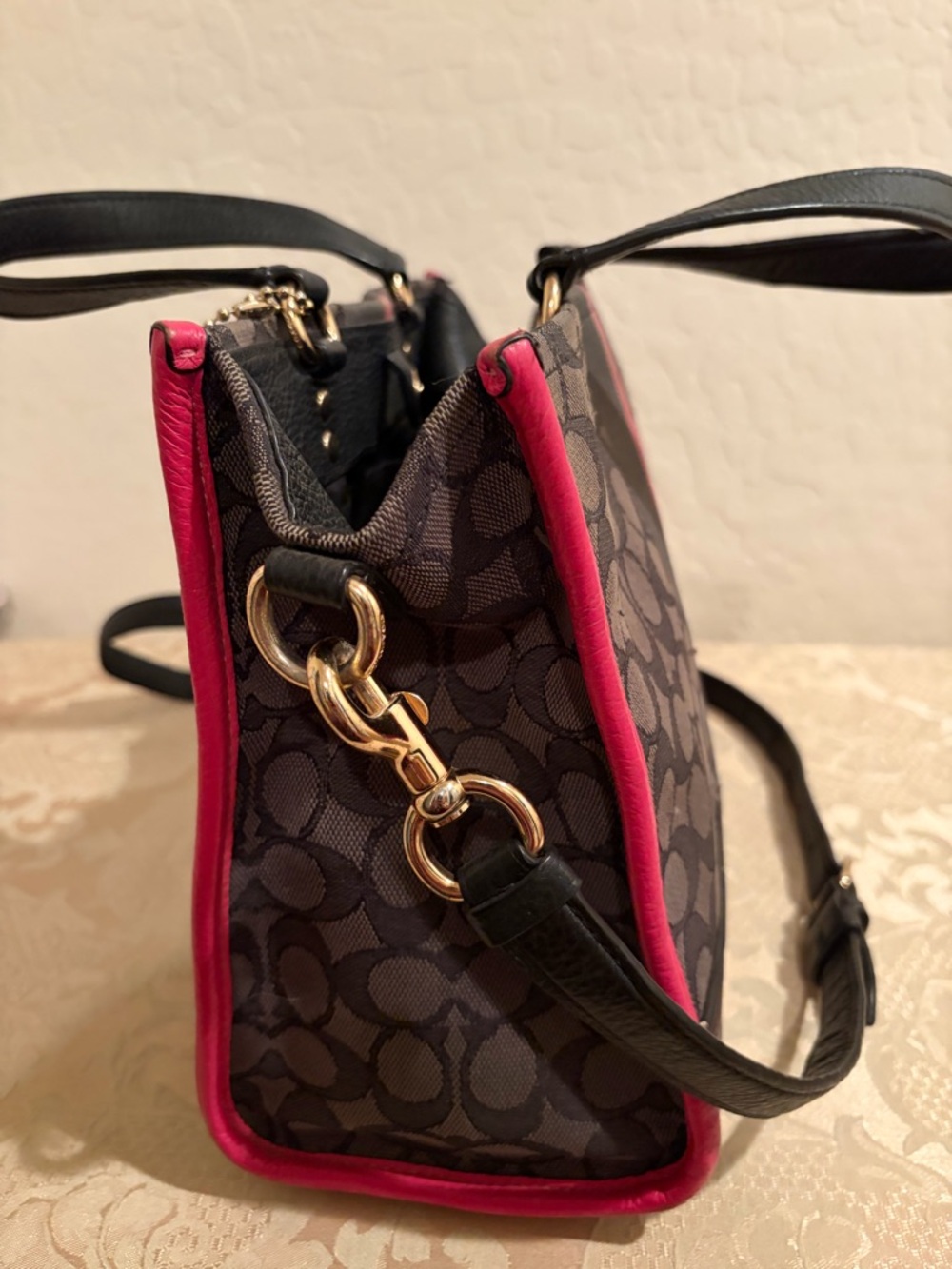 Coach Brown Signature Tote with Pink Trim and Burgundy Patch - Picture 6 of 8
